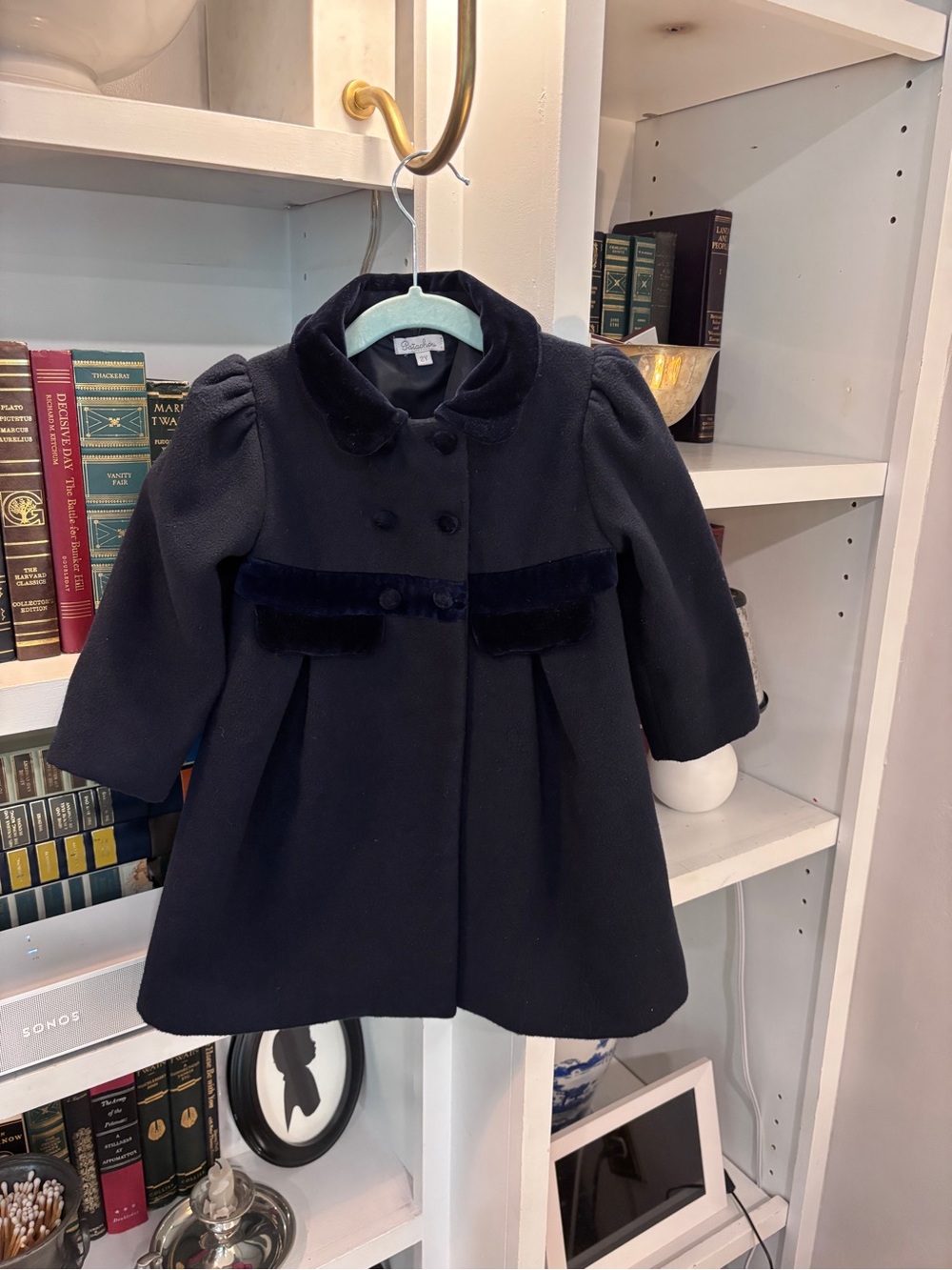 Girls' Navy Velvet-Trim Pea Coat
